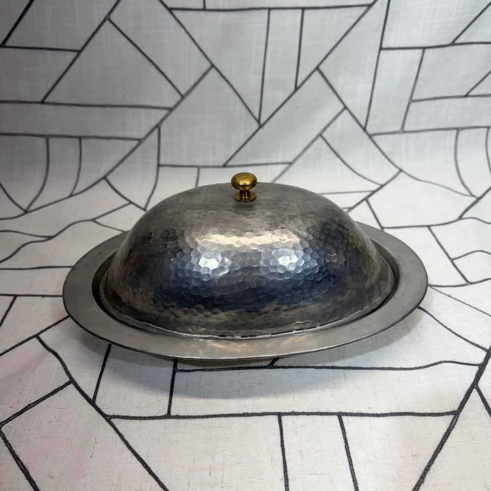 Pottery Barn Serving Dish 11.5in Silver Hammered Metal Domed Cloche Platter